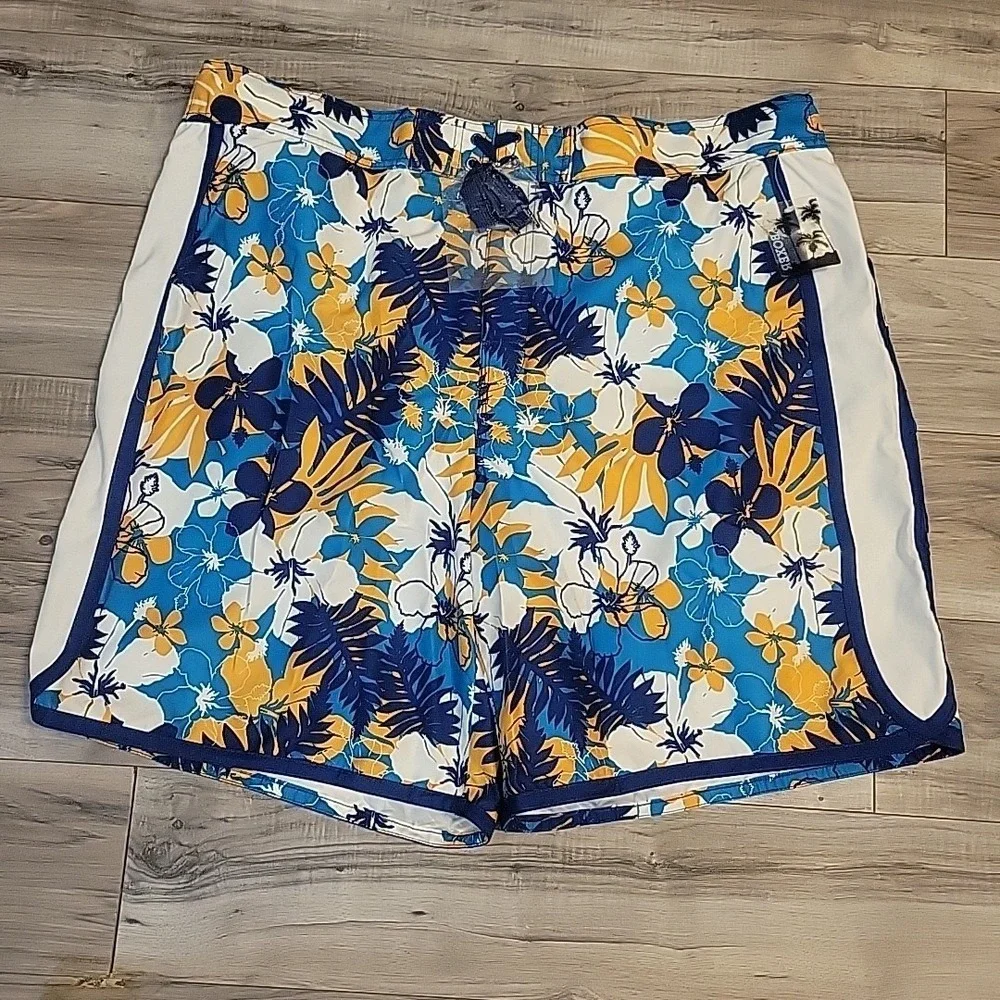 Joe Boxer Swim Shorts Mens 2XL Blue Hawaiian Floral Swim Board Shorts Beach Pool